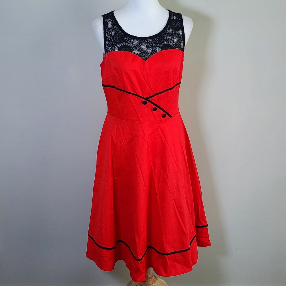Fit and Flare Dress Womens Medium Red Black Lace Rockabilly Pinup Retro Romantic